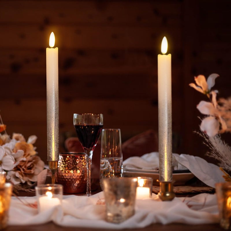 DRomance Silver Flameless Taper Candles Battery Operated with Remote Timer, Real Wax 3D Wick Flickering LED Taper Candles Dinner Wedding Holiday Decor(6 Pack, 0.78 x 9.64 Inches) - Image 3